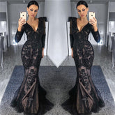 Gorgeous Black Long Sleeve V-Neck Appliques Prom Dress with Beadings
